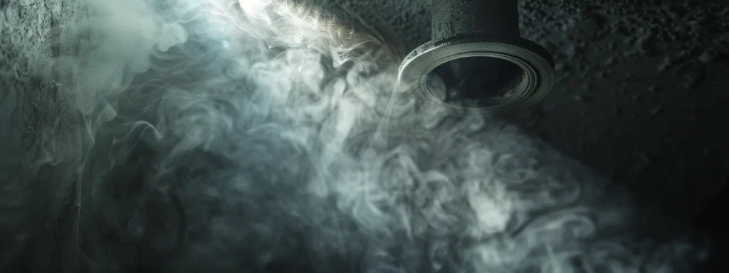 a close-up shot of a lint-clogged dryer vent emitting dark, swirling smoke, surrounded by a faint haze, illustrating the urgent need for cleaning with dramatic lighting highlighting the texture of the debris.