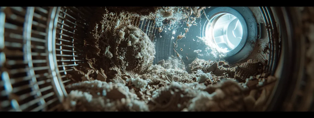 a close-up of a malfunctioning dryer with a visibly clogged vent, surrounded by lint and debris, illuminated by soft, dramatic lighting to emphasize the urgency of proper maintenance.