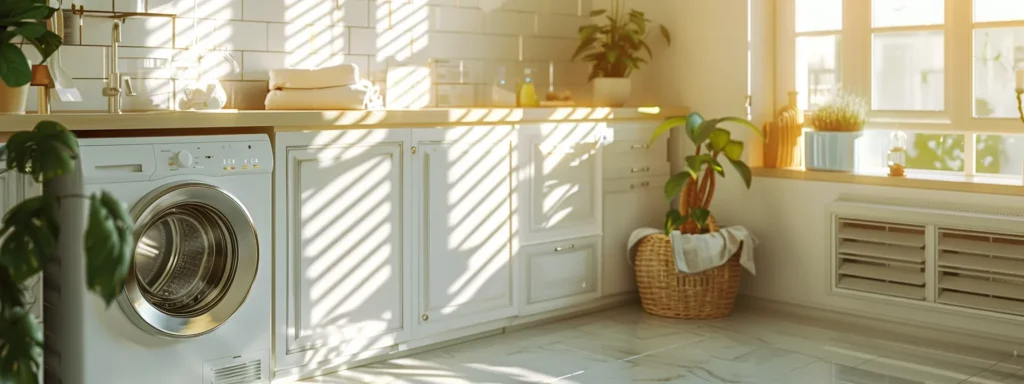 a sunlit laundry room features a gleaming, modern dryer next to a freshly cleaned vent, emphasizing the importance of dryer vent maintenance for optimal performance and efficiency.