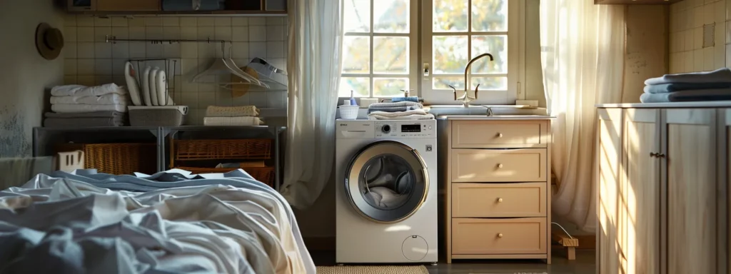 a well-organized laundry room showcases a modern, efficient dryer surrounded by neatly folded clothes and clean tools, illuminated by soft, natural light filtering through a window, highlighting the theme of optimal appliance care and maintenance.