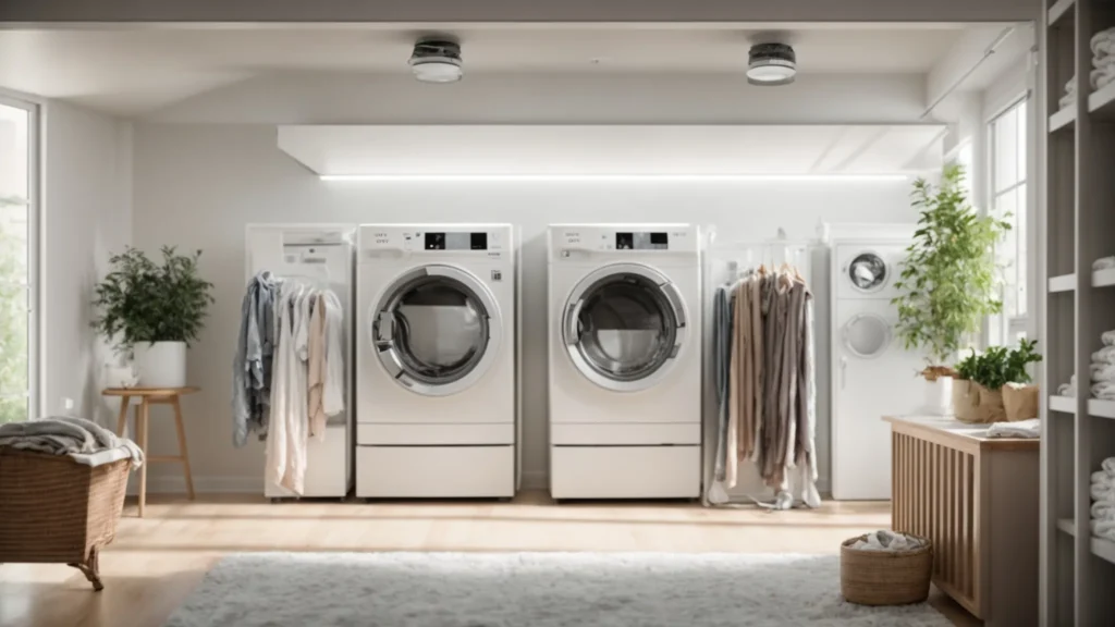 a brightly lit apartment laundry room showcases a gleaming, clean dryer with a clear vent, symbolizing energy efficiency and safety, surrounded by fresh air flowing from open windows, evoking a sense of comfort and well-being for residents.