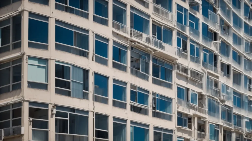a panoramic view of a large apartment complex, highlighting the intricate network of dryer vents against a backdrop of a clear blue sky, symbolizing the importance of maintenance and cost-efficiency in property management.