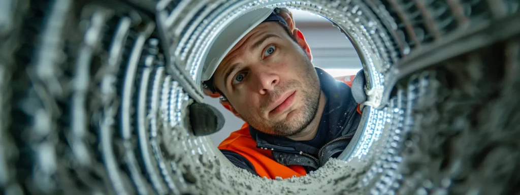 a professional technician examines a dryer vent system in an apartment complex, showcasing specialized cleaning tools and visible lint accumulation in a well-lit, clean environment.