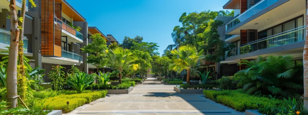 a vibrant and well-maintained apartment complex nestled among lush greenery, showcasing a clear blue sky above, symbolizing the efficiency and safety achieved through professional dryer vent cleaning services.