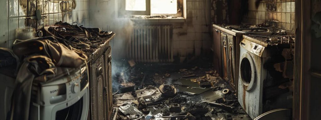 a charred and smoky laundry room reveals the aftermath of a devastating dryer fire, where the remnants of a neglected lint trap serve as a stark reminder of the critical importance of routine maintenance.