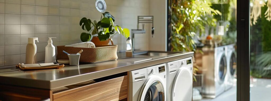 a close-up of a modern laundry room featuring a pristine dryer with an open lint trap, accompanied by a cleaning kit and tools on a sleek countertop, emphasizing the importance of routine checks to prevent lint-induced fire hazards.